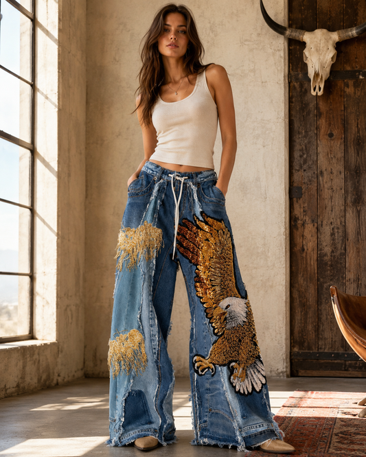 Hand-Beaded Eagle Patchwork Wide-Leg Jeans