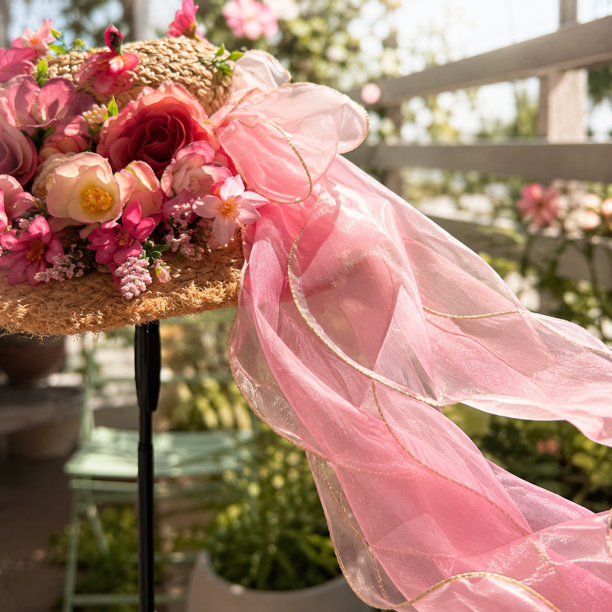 Floral Embellished Straw Sun Hat with Pink Tulle Bow