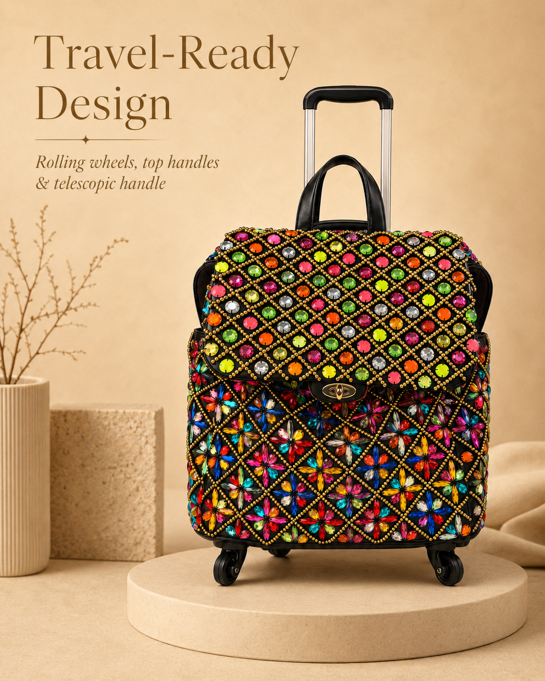 Hand-Embellished Crystal Rolling Travel Luggage