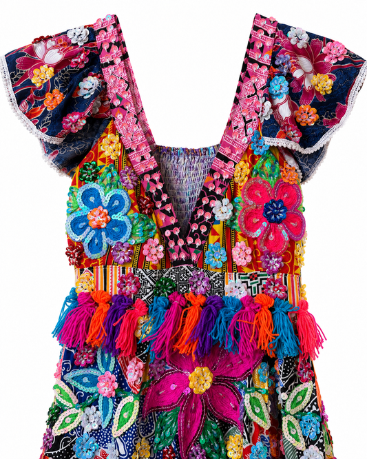 Sequin Floral V-Neck Tiered Maxi Boho Dress
