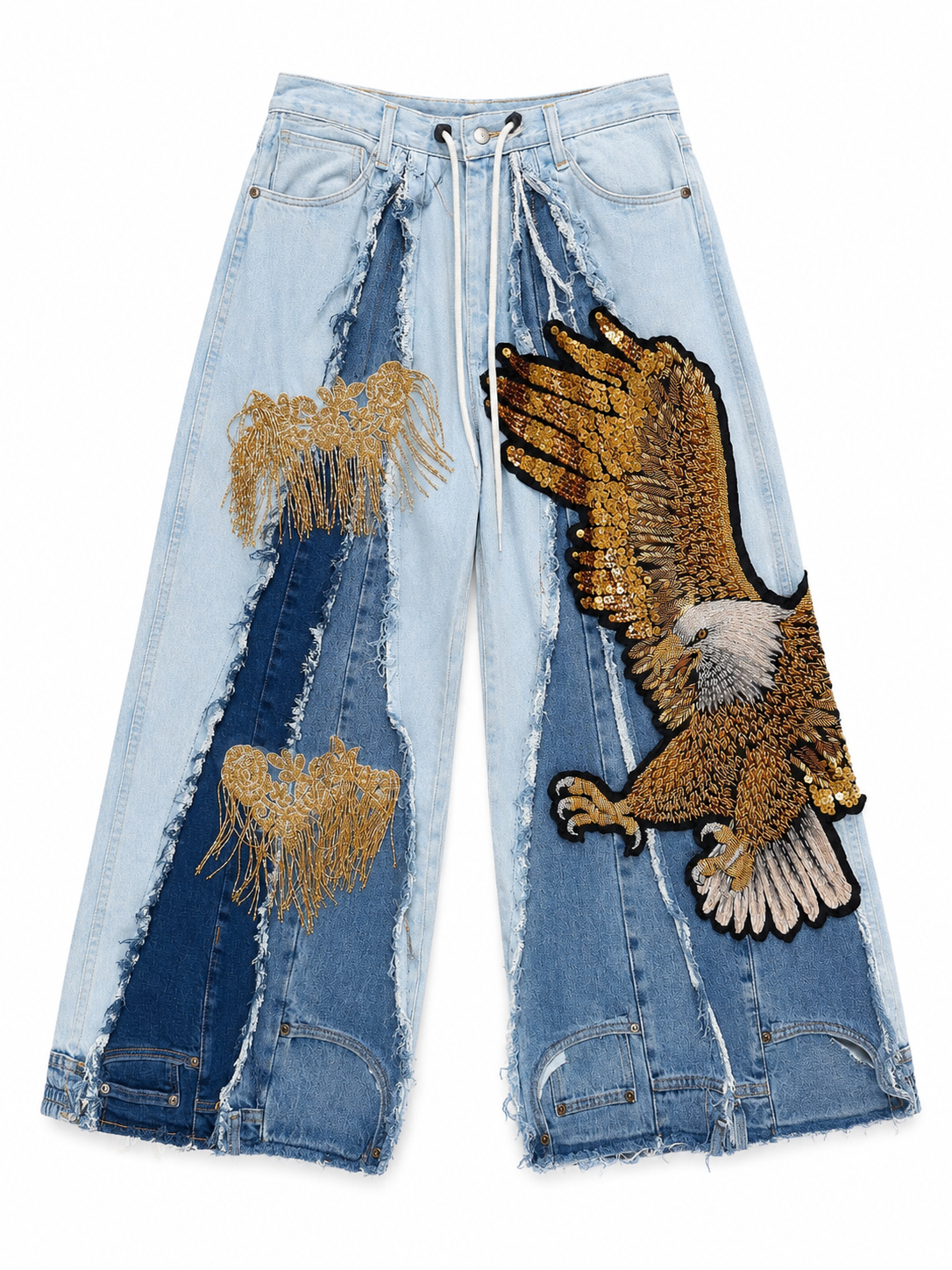 Hand-Beaded Eagle Patchwork Wide-Leg Jeans