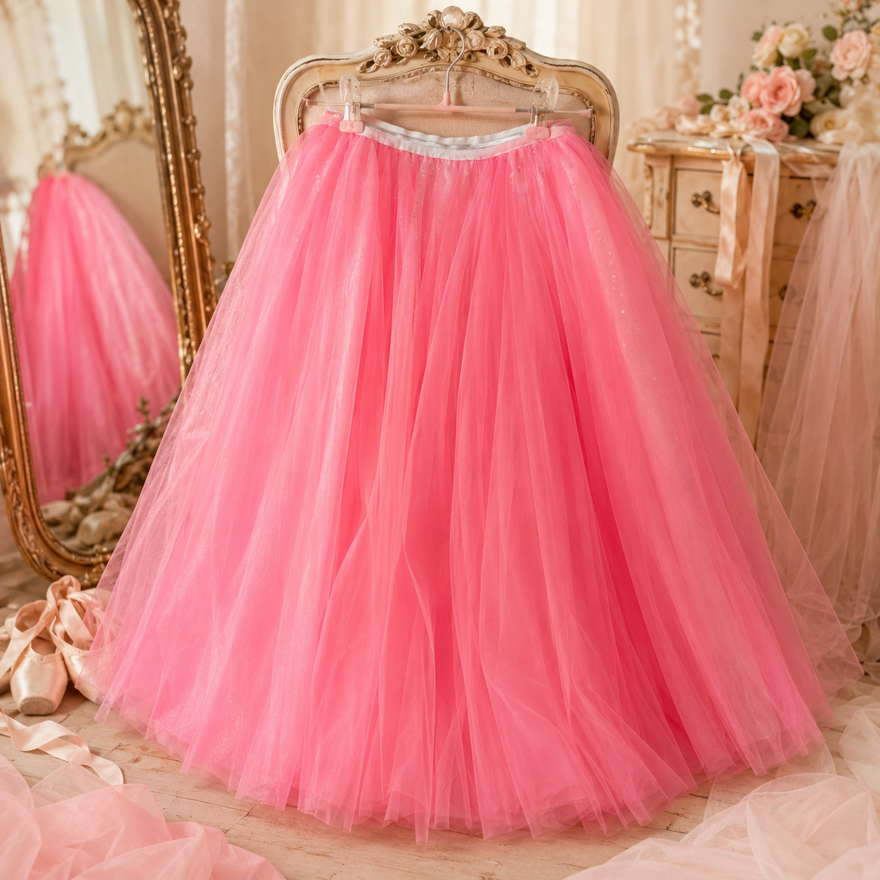 Hot Pink Layered Tulle Midi Skirt