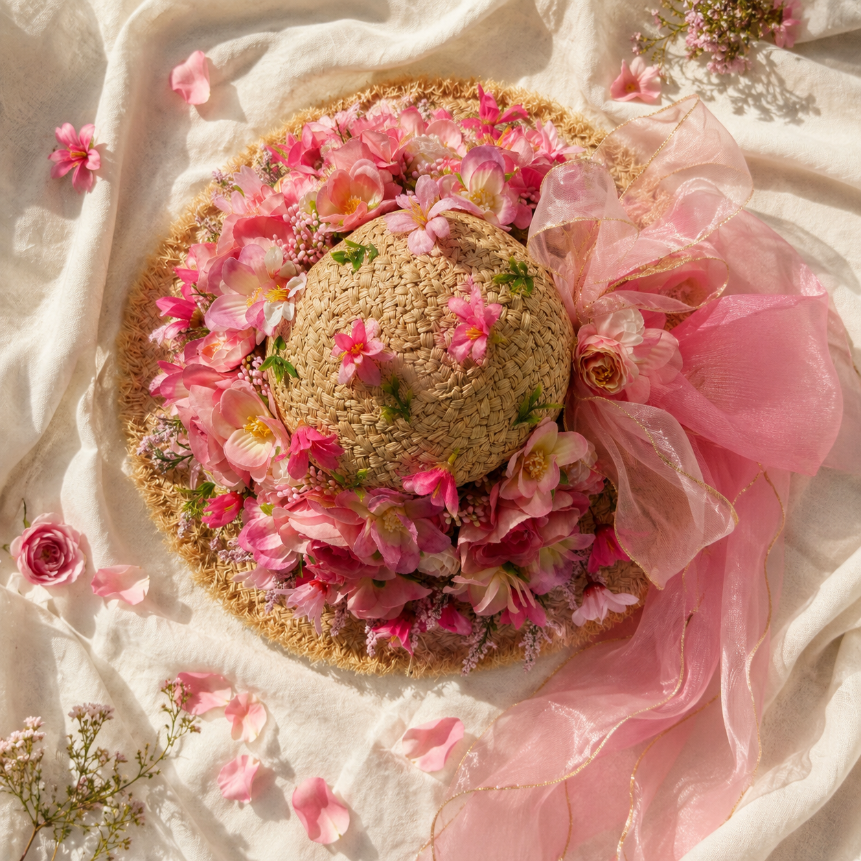 Floral Embellished Straw Sun Hat with Pink Tulle Bow