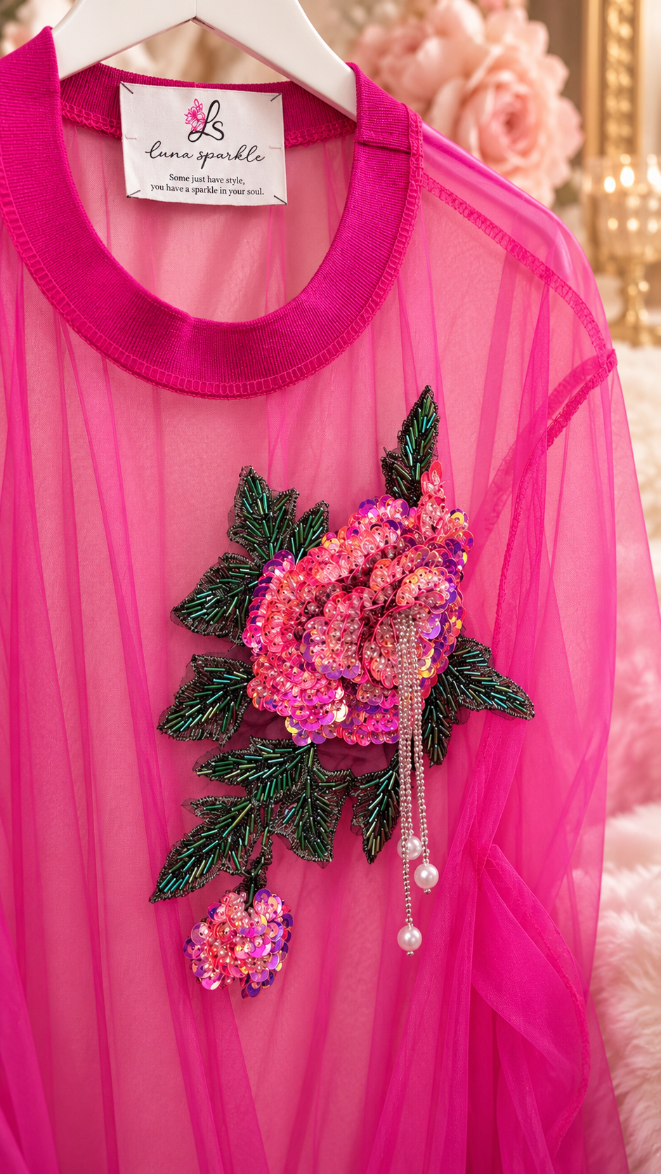 Hot Pink Sheer Beaded Floral Tunic  Tulle Top