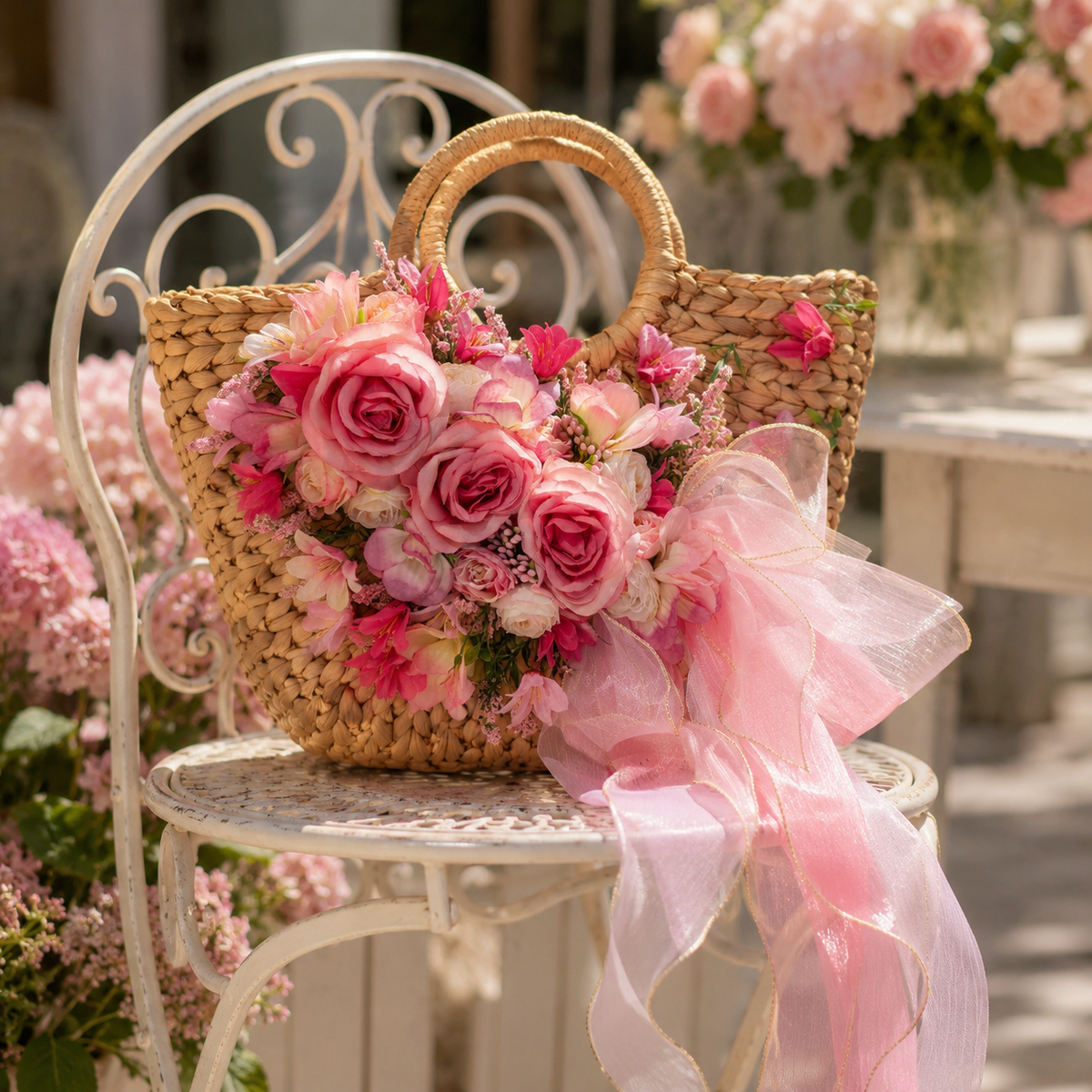 Pink Floral Embellished Woven Straw Handbag