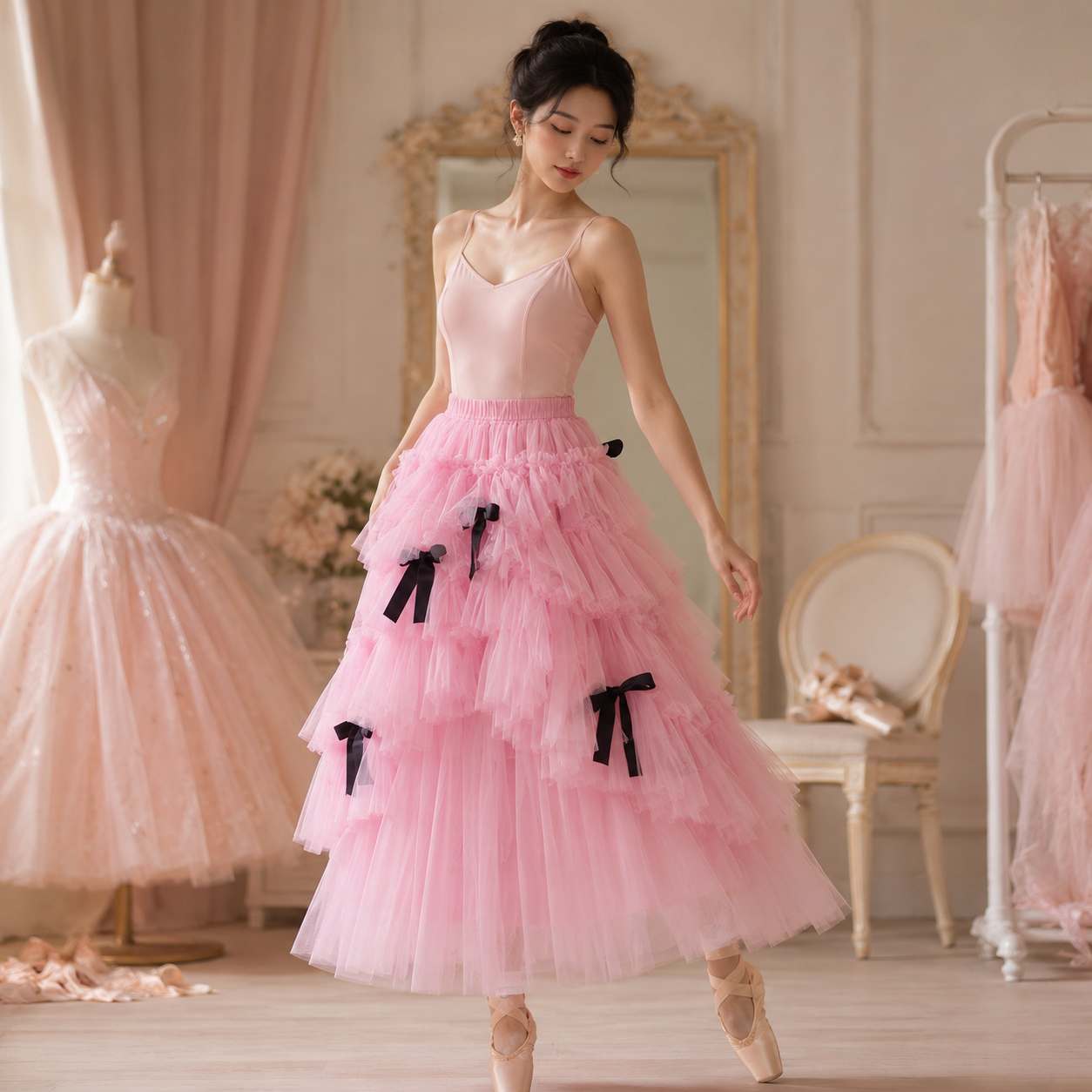 Tiered Tulle Skirt with Black Bows