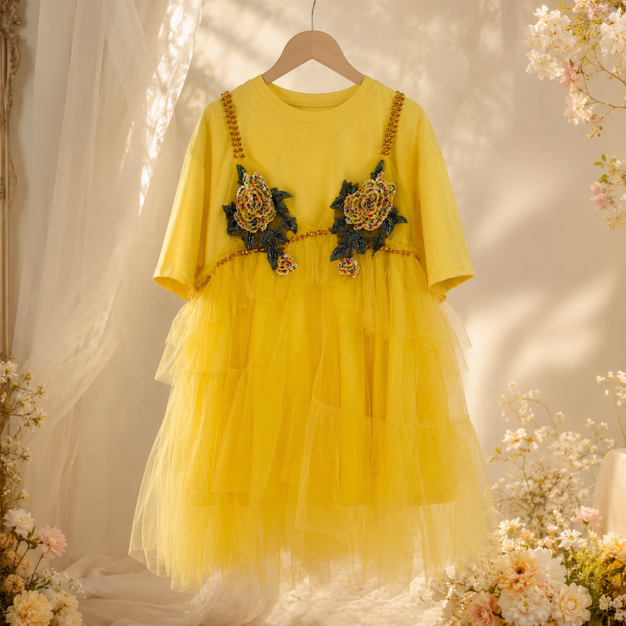 Handmade Sequin 3D Rose Appliqué Tulle T-Shirt Dress