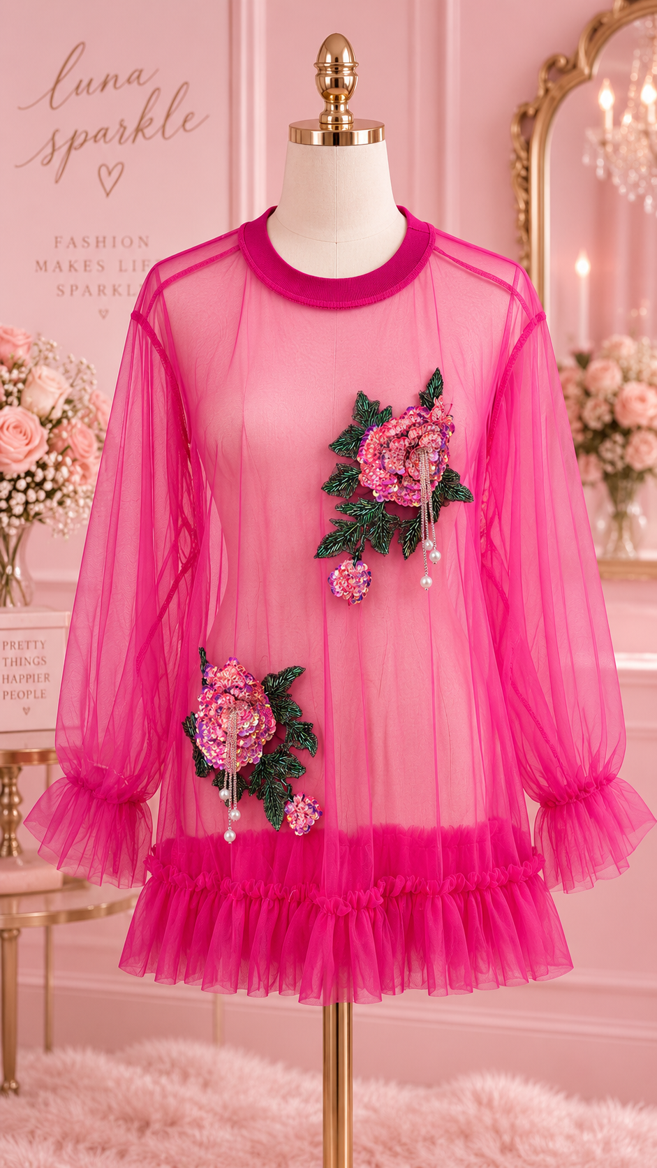 Hot Pink Sheer Beaded Floral Tunic  Tulle Top