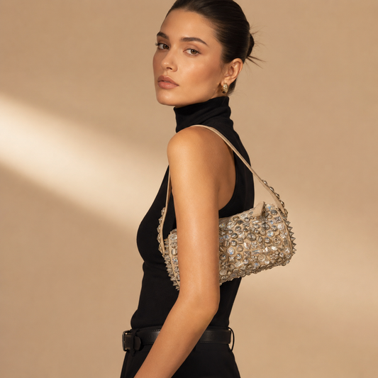 Hand-Embellished Crystal & Stud Underarm Bag