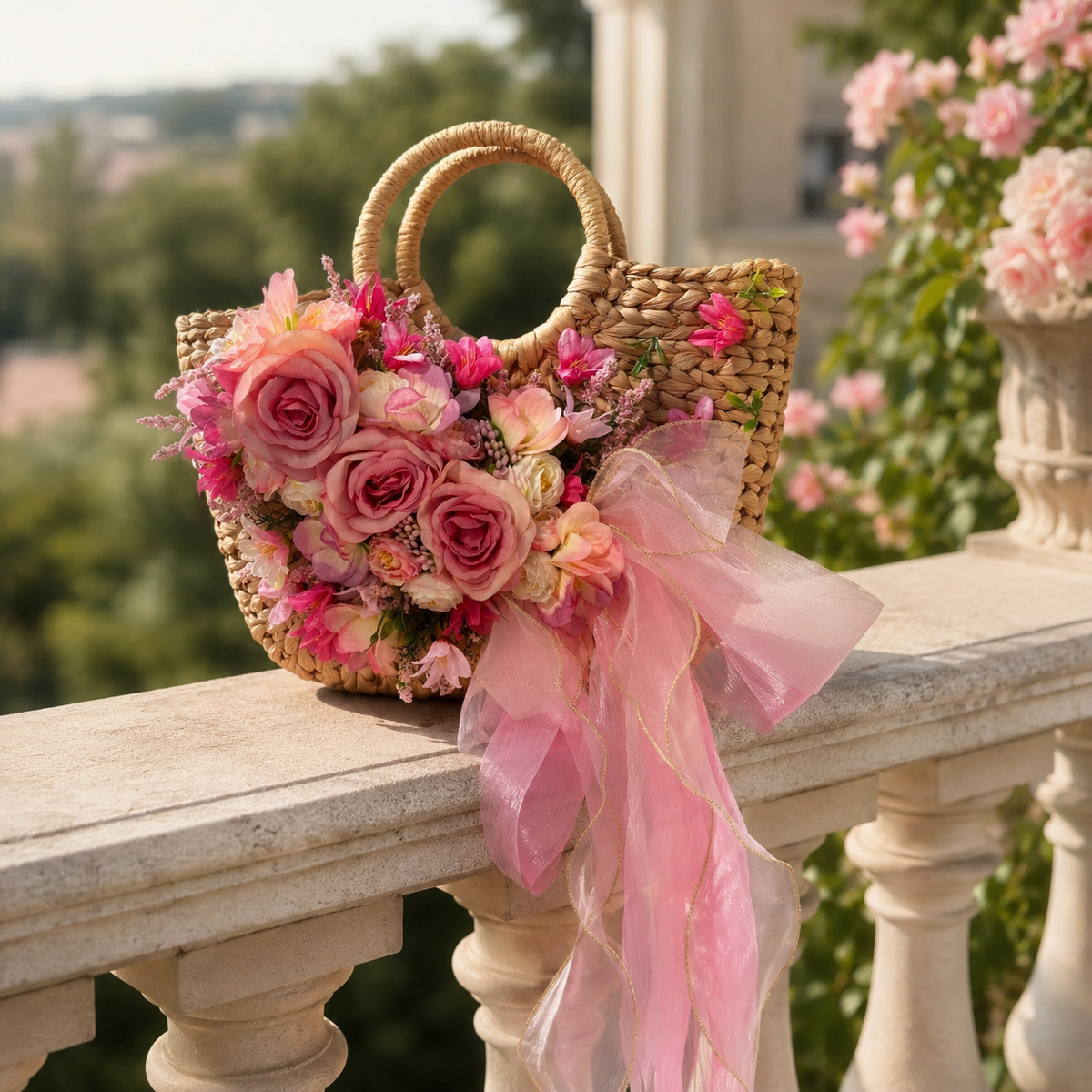 Pink Floral Embellished Woven Straw Handbag