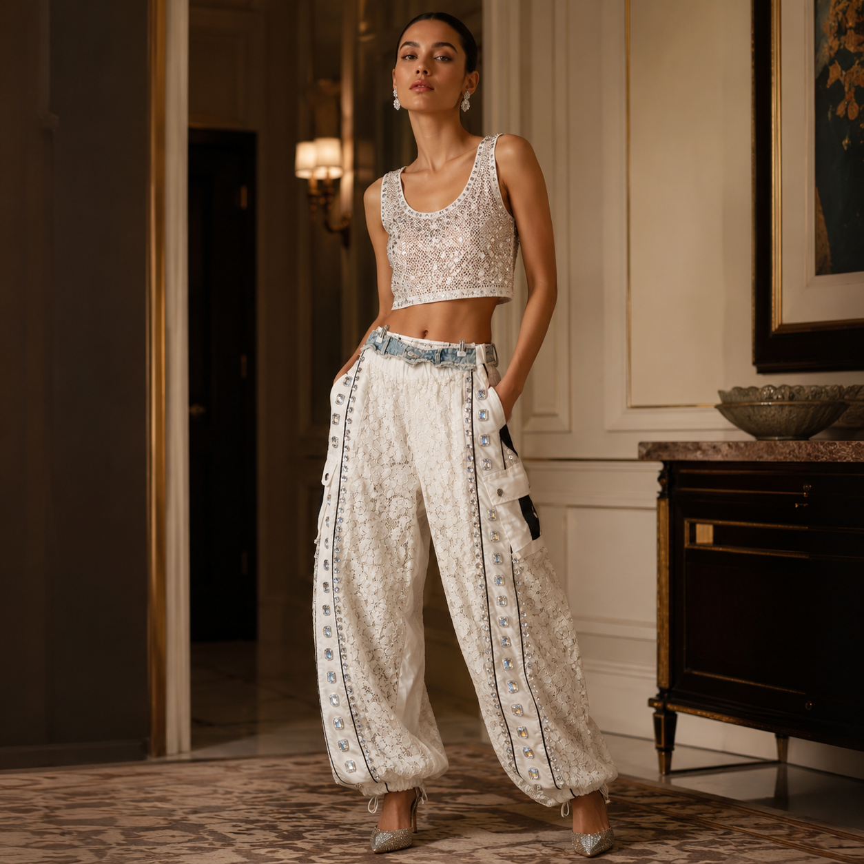 Crystal-Embellished Lace Patchwork Cargo Pants