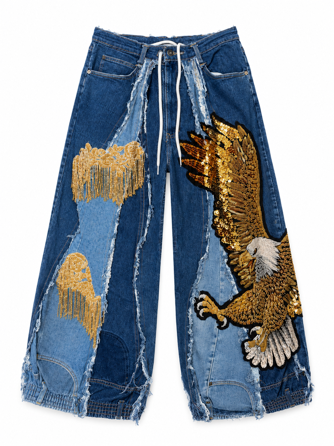 Hand-Beaded Eagle Patchwork Wide-Leg Jeans