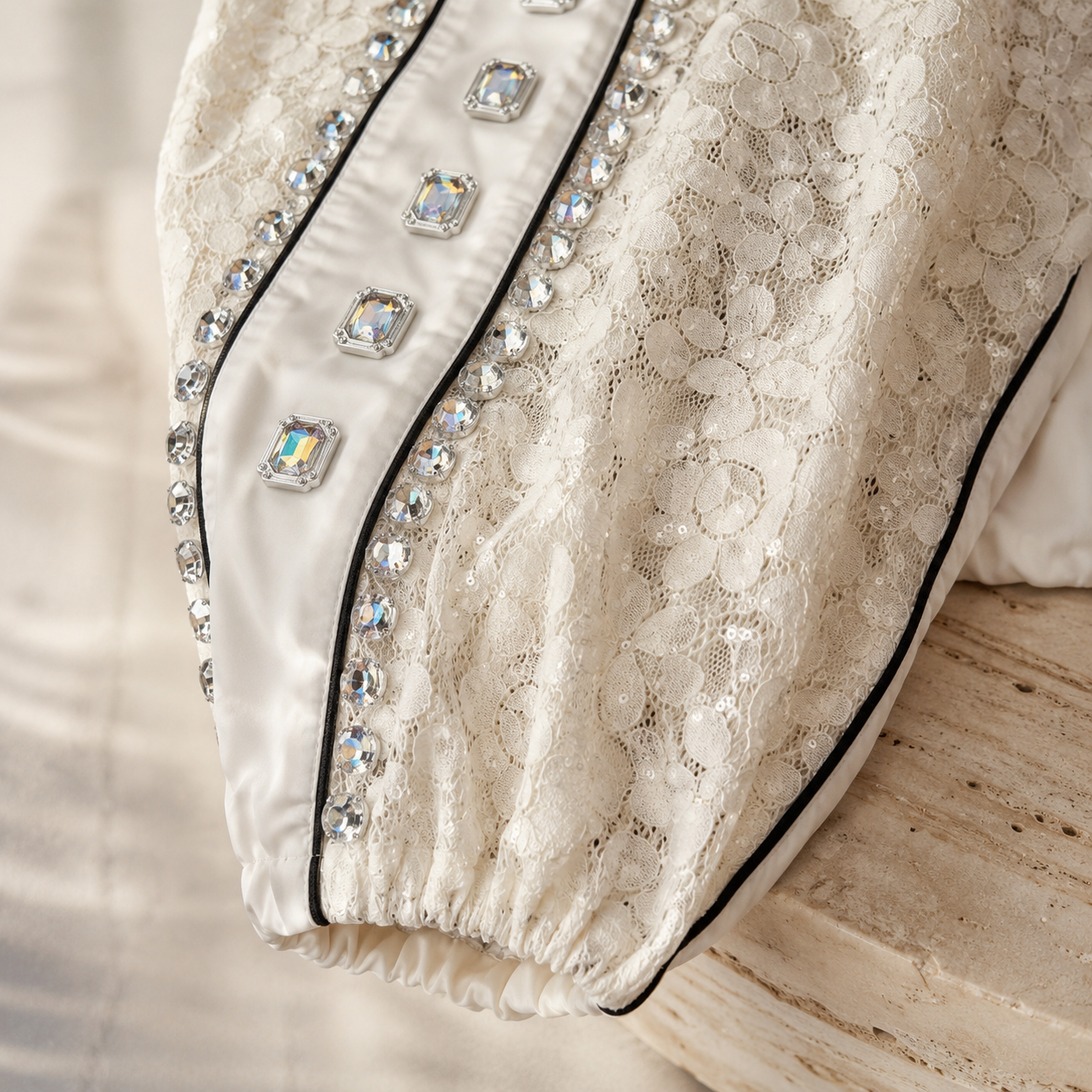 Crystal-Embellished Lace Patchwork Cargo Pants