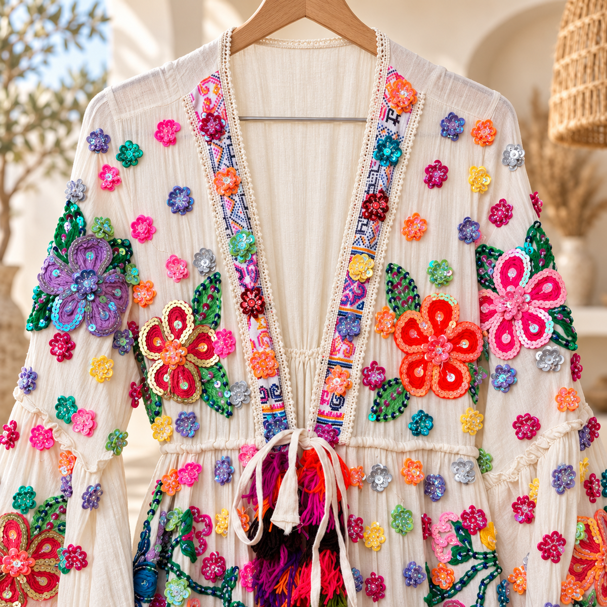 Boho Ivory Floral Sequin Maxi Kimono with Tassel Coat