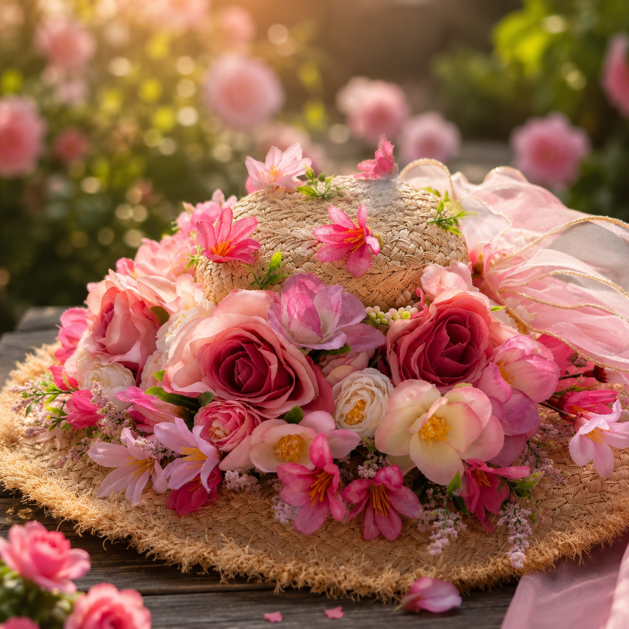 Floral Embellished Straw Sun Hat with Pink Tulle Bow