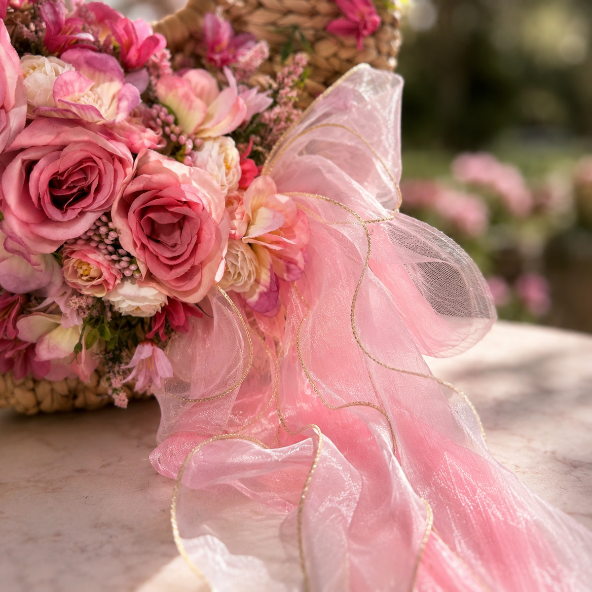 Pink Floral Embellished Woven Straw Handbag