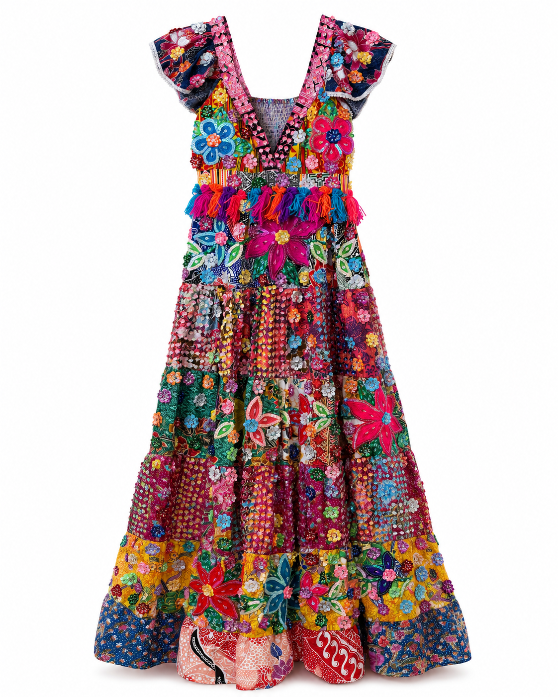 Sequin Floral V-Neck Tiered Maxi Boho Dress