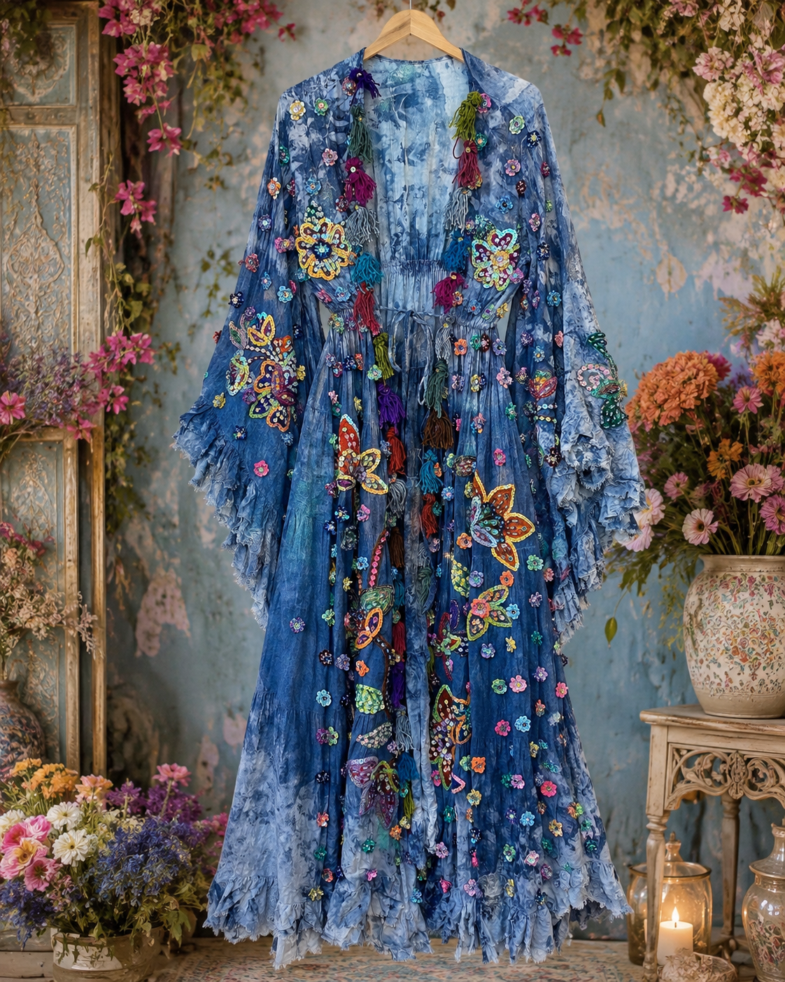 Boho Blue Floral Sequin Maxi Kimono with Tassel Coat