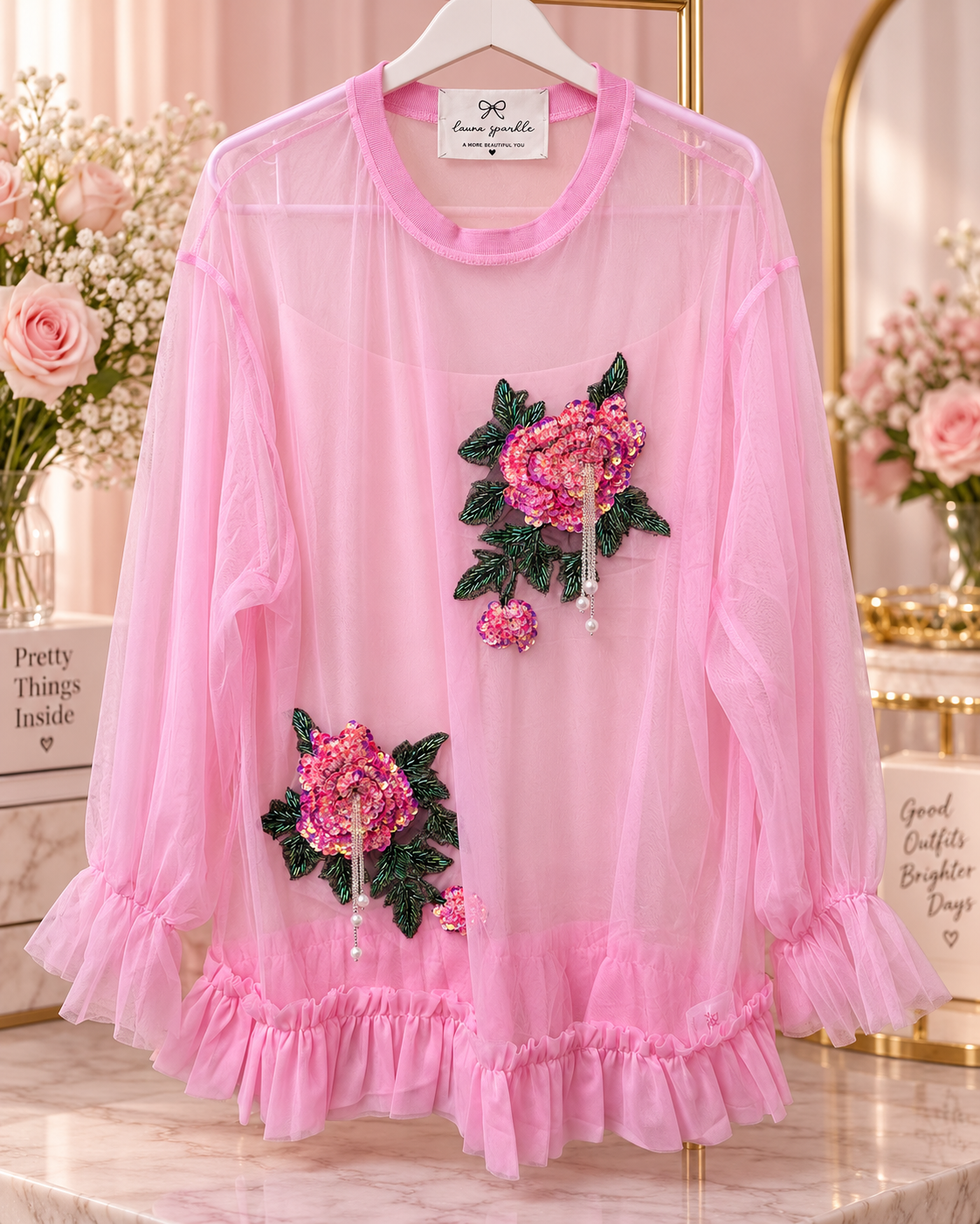 Hot Pink Sheer Beaded Floral Tunic  Tulle Top