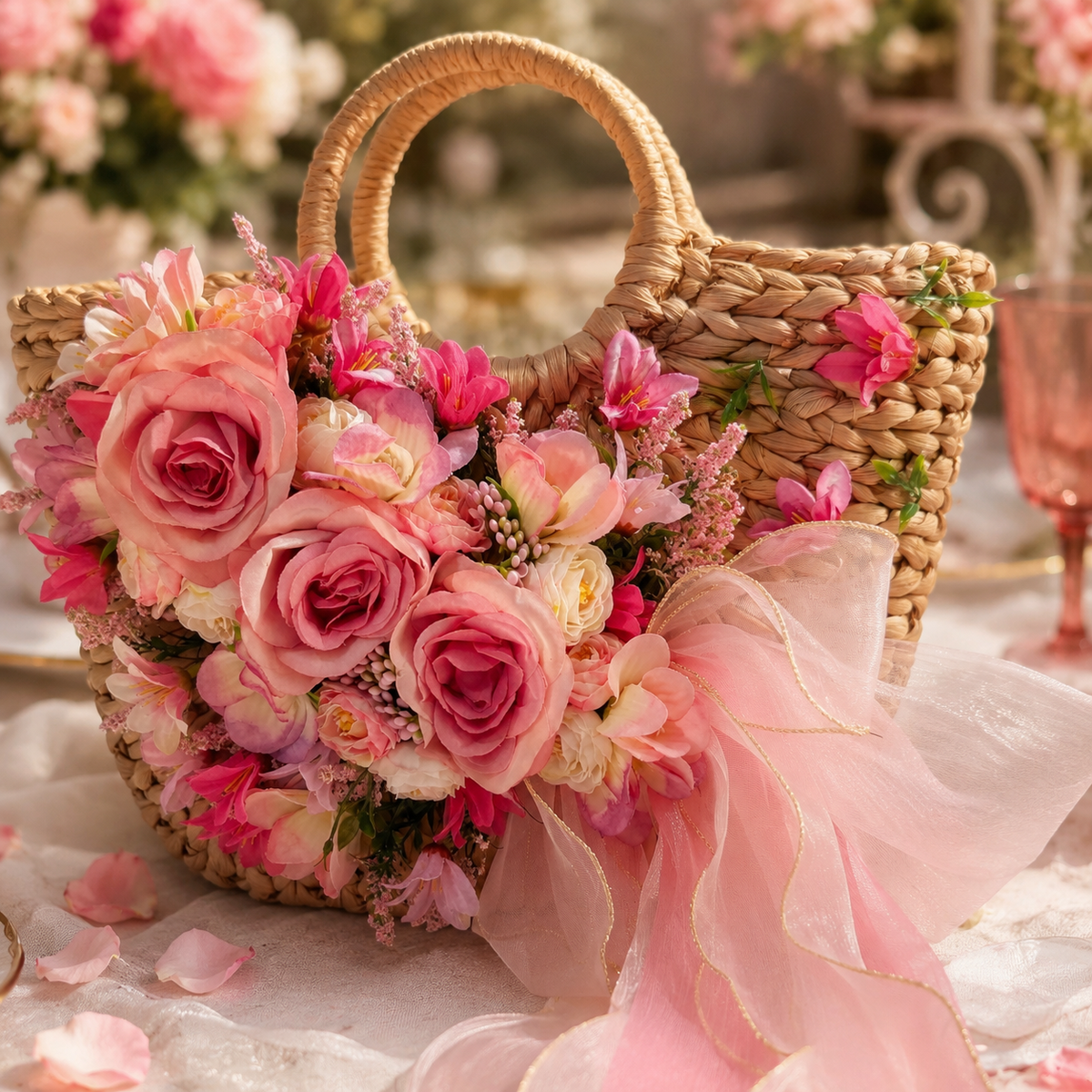 Pink Floral Embellished Woven Straw Handbag