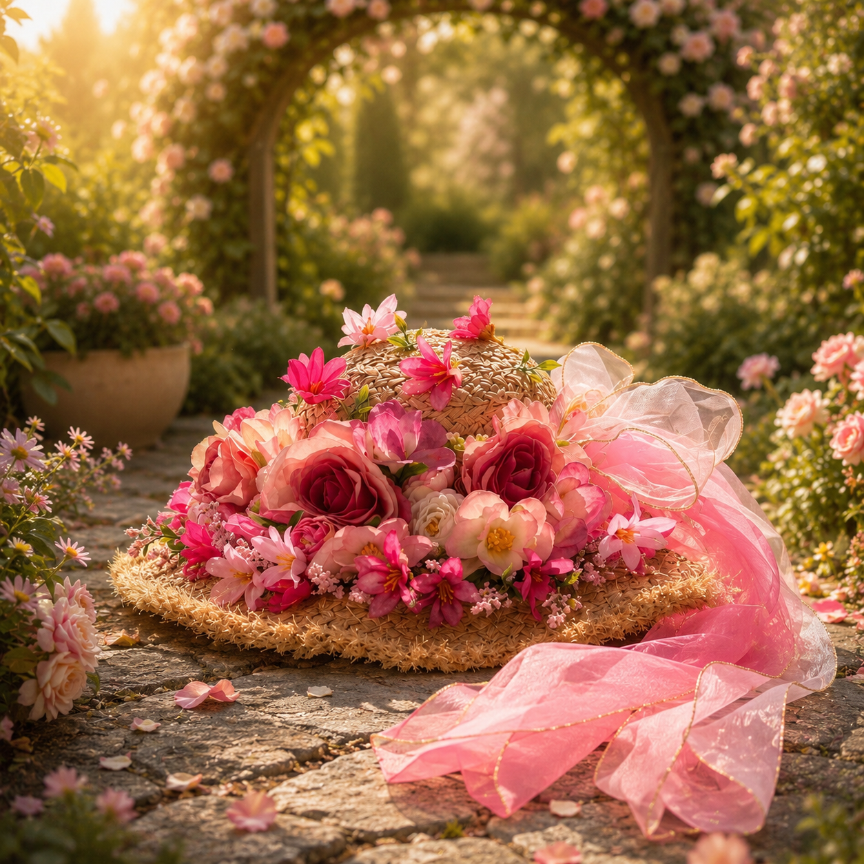 Floral Embellished Straw Sun Hat with Pink Tulle Bow