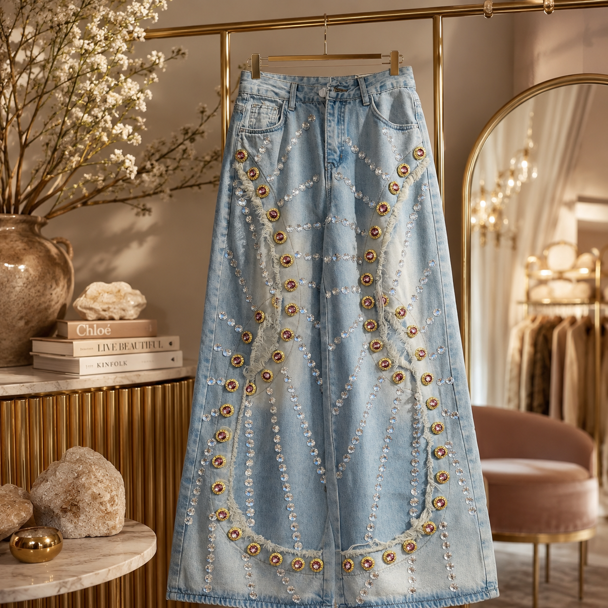 Crystal-Embellished Distressed Wide-Leg Jeans