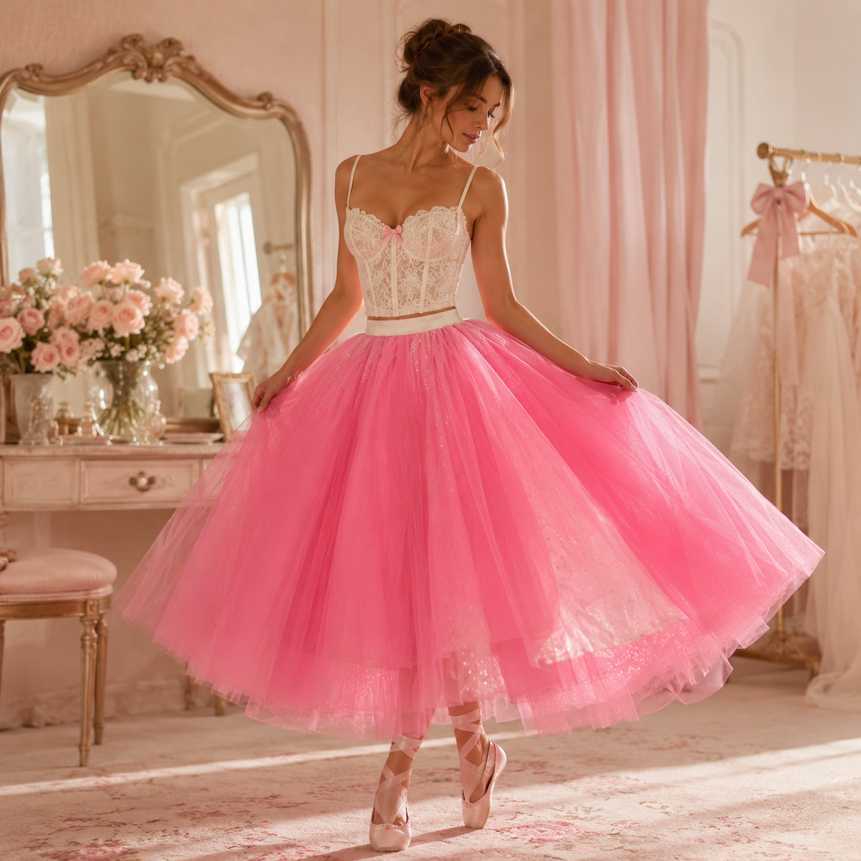 Hot Pink Layered Tulle Midi Skirt