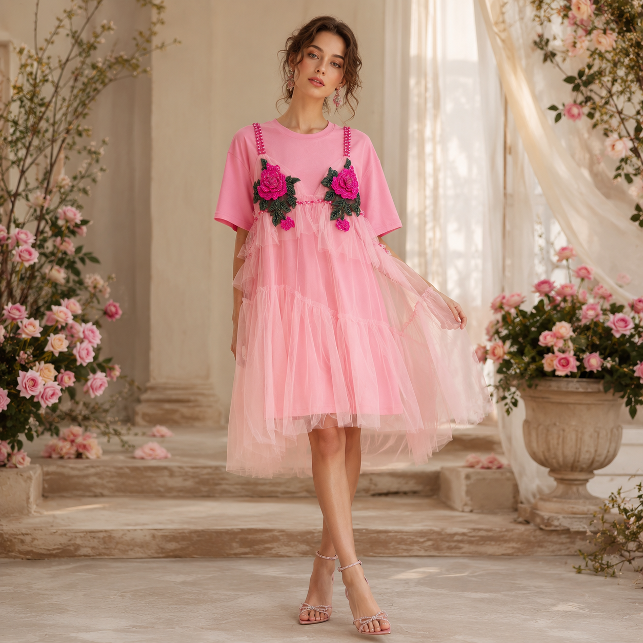 Handmade Sequin 3D Rose Appliqué Tulle T-Shirt Dress