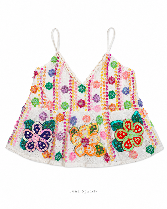 White Eyelet Sequin Floral Baby Doll Camisole