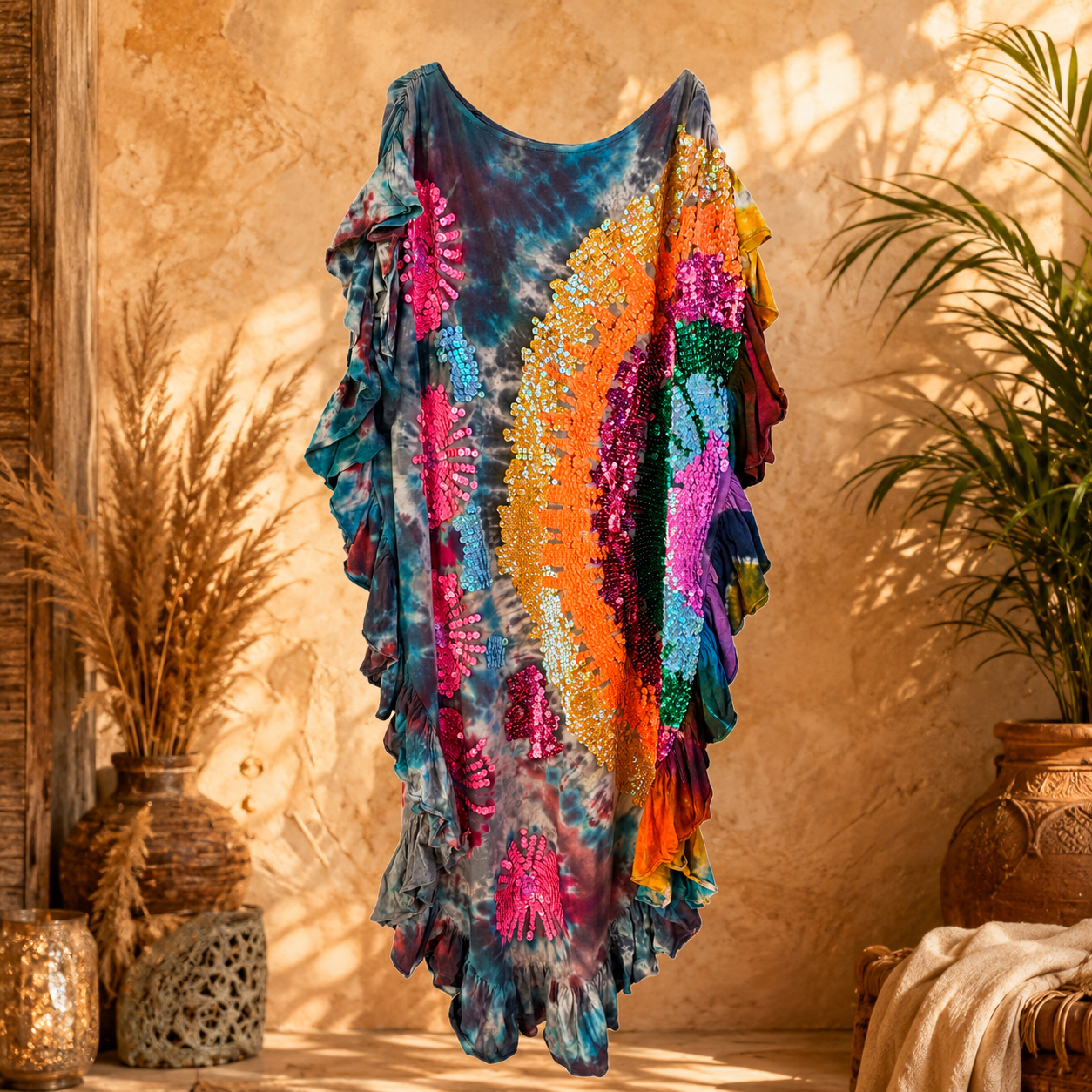 Rainbow Sequin Tie-Dye Ruffle Maxi Dress