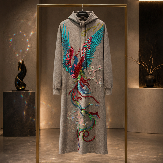 Hand-Sequined Phoenix Hooded Maxi Dress