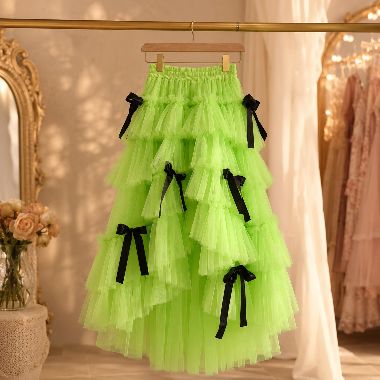 Tiered Tulle Skirt with Black Bows