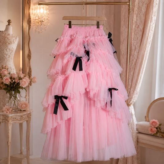 Tiered Tulle Skirt with Black Bows